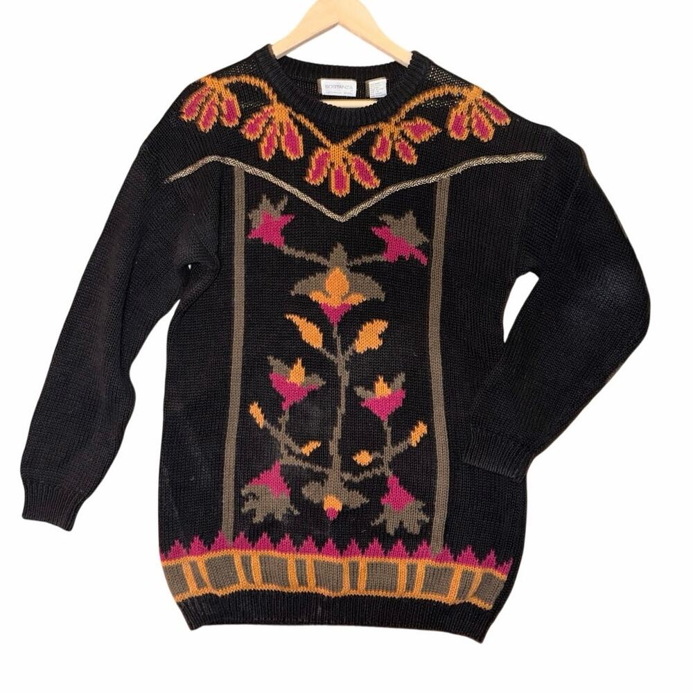 Vintage sostanza black fall leaves knit intarsia sweater cotton ramie medium